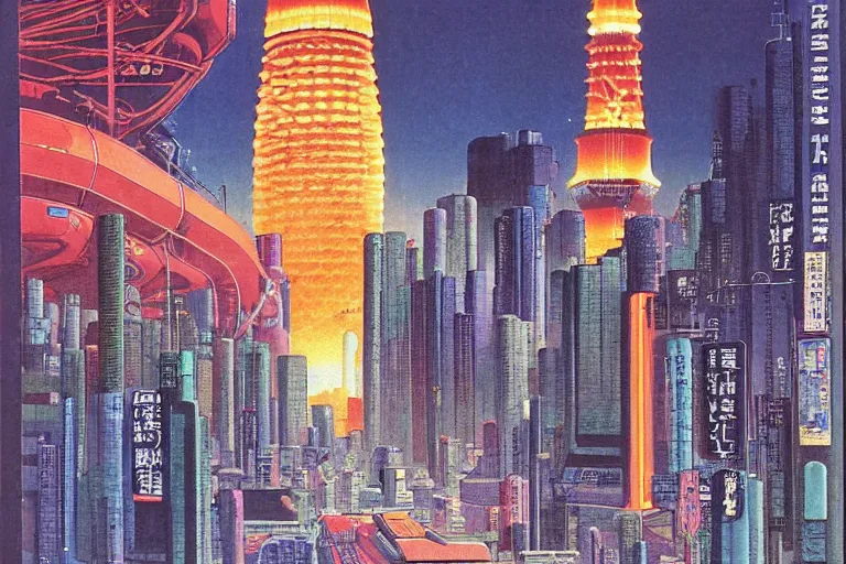 Image similar to 1979 OMNI Magazine Cover of the base of Tokyo tower in neo-Tokyo in cyberpunk style by Vincent Di Fate