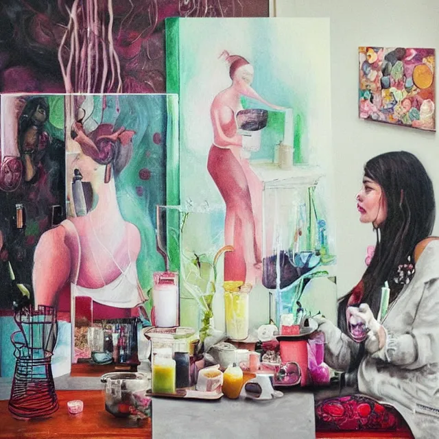 Prompt: “ sensual, a portrait in a female art student ’ s apartment, pancakes, woman drinking an iced latte from inside a painting, berries, octopus, scientific glassware, art supplies, a candle dripping white wax, berry juice drips, neo - expressionism, surrealism, acrylic and spray paint and oilstick on canvas ”