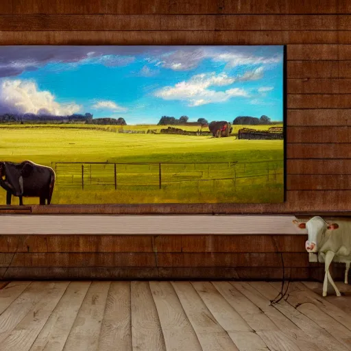 Prompt: interior view of modern futuristic farm barn architecture, cows, detailed luminescent oil painting 4 k