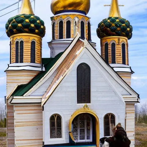 Image similar to tiny home that looks exactly like saint volodymyr's cathedral but on a trailer