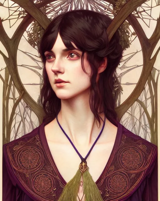 Prompt: symmetry portrait of welsh brunette witch student in mans tunic, tomboy, short hair, forest, intricate, elegant, highly detailed, digital painting, artstation, concept art, smooth, sharp focus, illustration, art by artgerm and greg rutkowski and fra angelico and alphons mucha