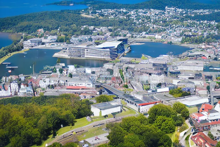 Prompt: bird's eye view photography of a small city. town hall, central farm, monorail station, beach and shipping dock. hills, woods and lake to the north.