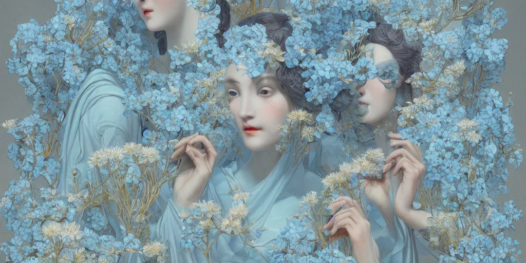 Image similar to breathtaking detailed concept art painting art deco pattern of faces goddesses amalmation light - blue flowers with anxious piercing eyes and blend of flowers and birds, by hsiao - ron cheng and john james audubon, bizarre compositions, exquisite detail, extremely moody lighting, 8 k