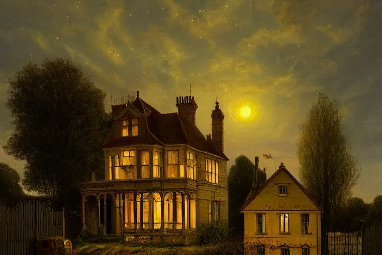 Image similar to a beautiful hyperrealistic painting of a british victorian house with a tower at night, very detailed by andrea kowch, and giovanni paolo paninni and samuel and joseph newsom