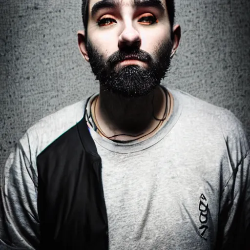 Prompt: bust portrait of handsome proud man mid 3 0 s with short black hair with grey hair, piercing in eyebrow, very short full beard, cyberpunk, fashion editorial photography, neon color scheme, waist up, low angle