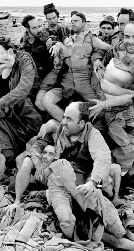 Prompt: charlie day, rob mcelhenney, glenn howerton, kaitlin olson, and danny devito are storming the beaches of normandy, 1 9 4 5, black and white, horrorscape