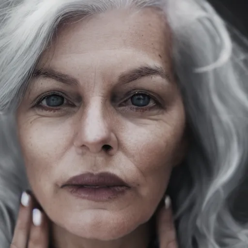 Prompt: cinematic photograph of a woman with silver hair