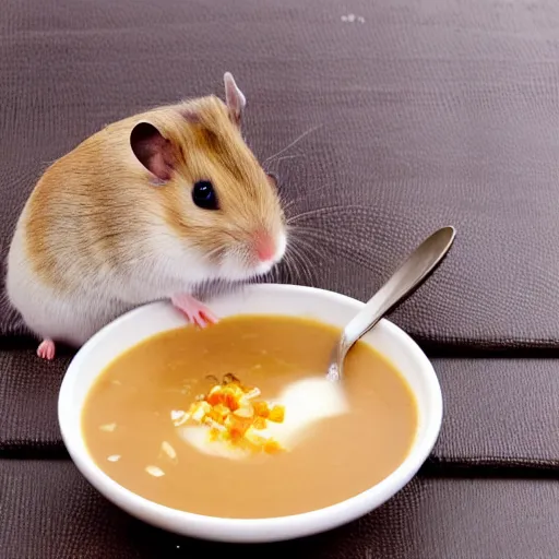 Prompt: detailed photo of a hamster eating soup, various poses, full body, daylight, 8 k