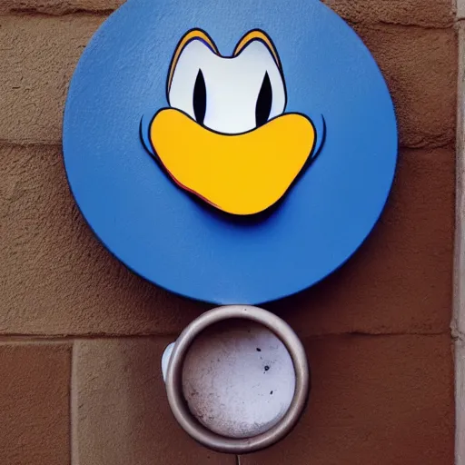 Prompt: Donald duck throws a quarter in a well while the sun is smiling in the sky