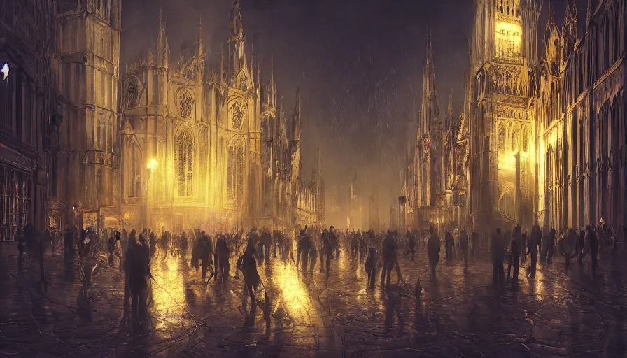 Prompt: neo - gothic london's with crowded place, night, hyperdetailed, artstation, cgsociety, 8 k