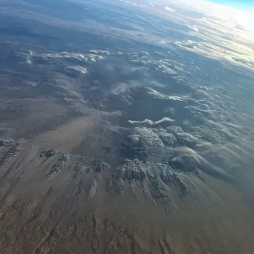 Prompt: photo from an airplane of alien landing site