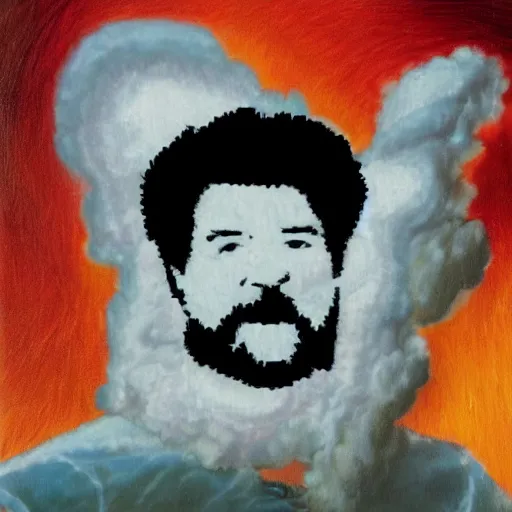 Prompt: nuclear mushroom cloud in shape of bob ross self portrait