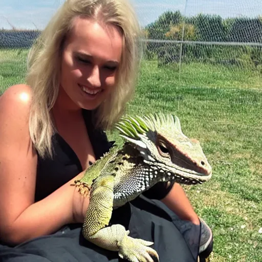 Image similar to a giant bearded dragon hanging out with blonde hair women