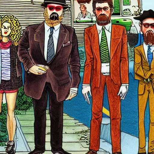 Image similar to The Artwork of R. Crumb and his Cheap Suit Doctor, pencil and colored marker artwork, trailer-trash lifestyle