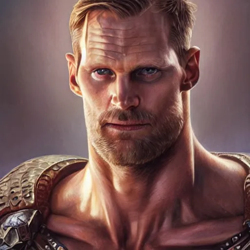 Image similar to ultra realistic illustration,, a hulking herculean alexander skarsgard with leather armour, from doom and warhammer, intricate, elegant, highly detailed, digital painting, artstation, concept art, smooth, sharp focus, illustration, art by artgerm and greg rutkowski and alphonse mucha