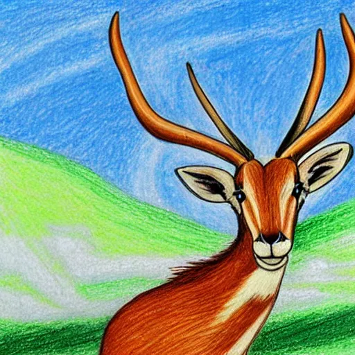 Prompt: a very very beautiful drawing of an antelope jumping in african landscape digital art