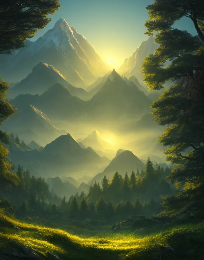 Prompt: Landscape representing a forest with mountains on the sides and a large kaje in the middle with the sun on the horizon, hyperdetailed, artstation, cgsociety, 8k