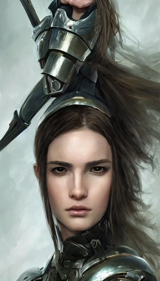 Image similar to a professional portrait of an attractive young female, partially clothed in battle armor, olive skin, long dark hair, beautiful bone structure, symmetrical facial features, intricate, elegant, digital painting, concept art, illustration, sharp focus, from Metal Gear, in the style of Ruan Jia and Mandy Jurgens and GregRutkowski and William-Adolphe Bouguerea, 3:4 ratio