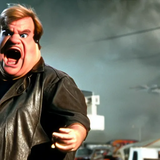 Image similar to chris farley starring in the terminator movie, movie still, 8 k