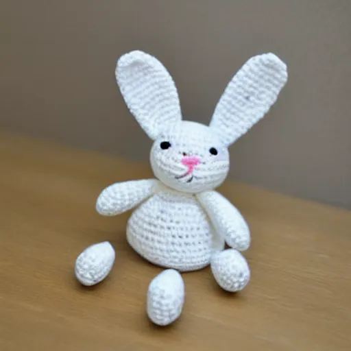 Prompt: cute crocheted plush toy of a white bunny