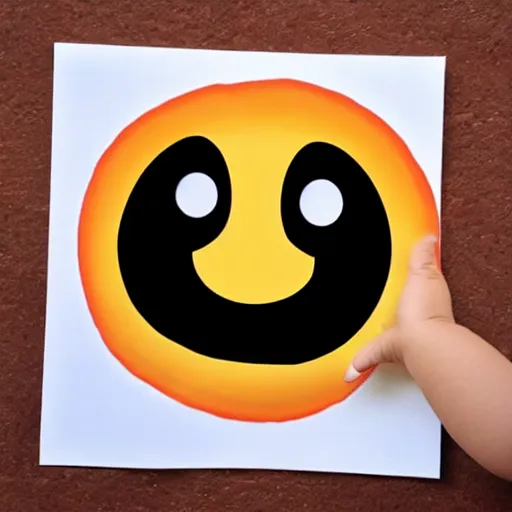 Image similar to child drawing of smiling emoji face with thumb up and red eyes.