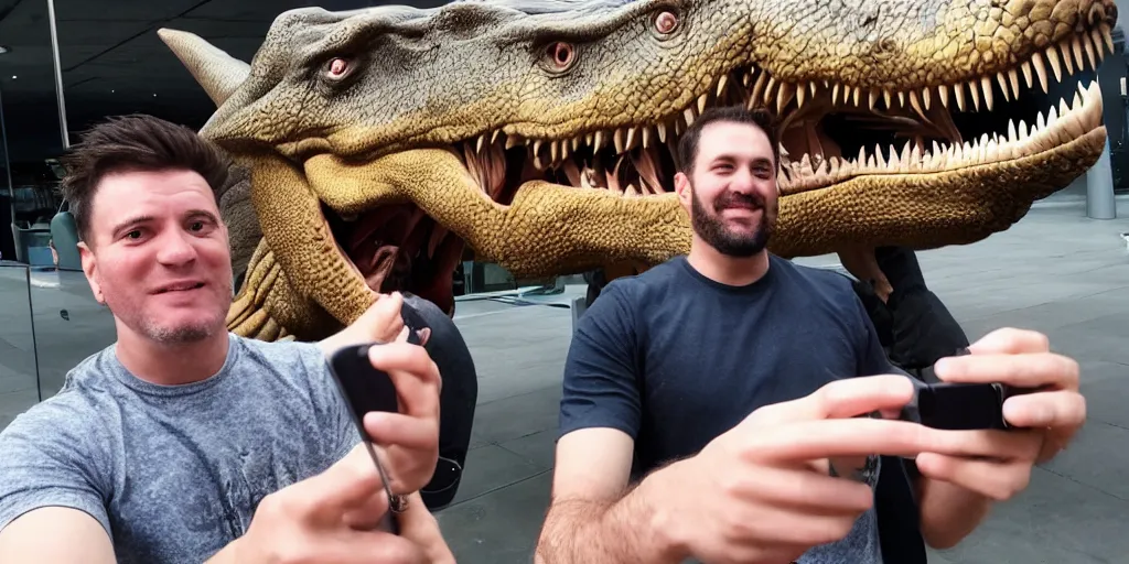 Prompt: a man taking a selfie beside a tyrannosaurus rex, award-winning photography, 8K UHD