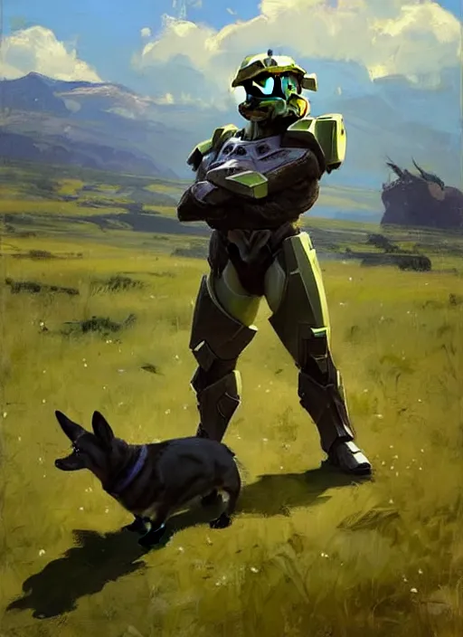 Image similar to Greg Manchess painting of a Corgi as Master Chief from Halo, countryside, calm, fantasy character portrait, dynamic pose, above view, sunny day, artwork by Jeremy Lipkin and Giuseppe Dangelico Pino and Michael Garmash and Rob Rey, very coherent asymmetrical artwork, sharp edges, perfect face, simple form, 100mm