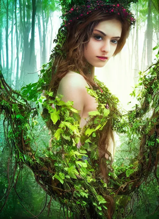 Prompt: full body picture of nature goddess with vines wrapped around her wondering through forest + bright lights + forests + plants + dramatic fog + intense, dramatic lighting, intricate details, cinematic, high definition