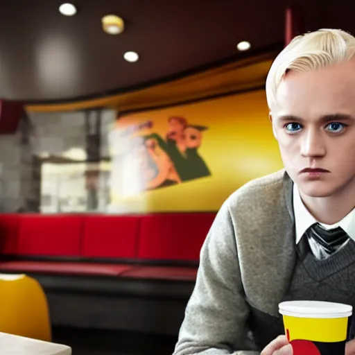 Image similar to Draco Malfoy sitting at a booth in McDonalds, McDonalds interior background, photo