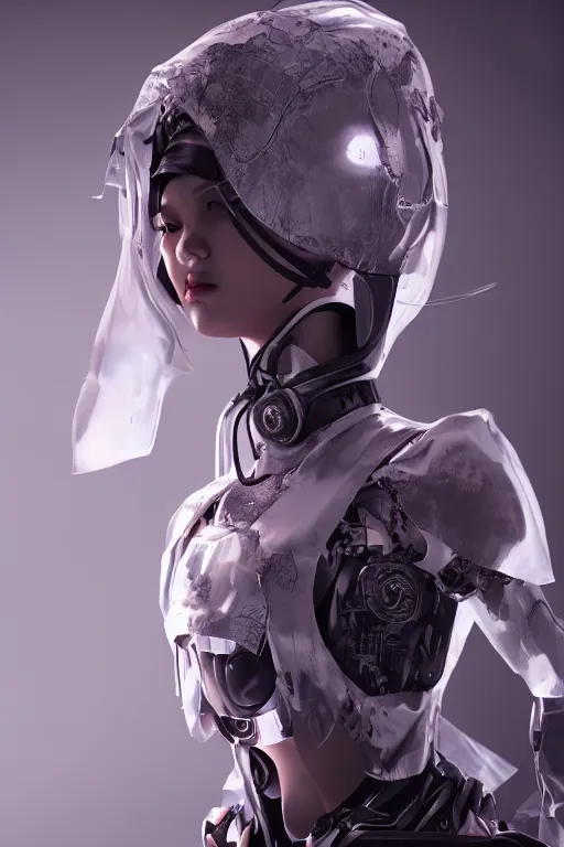 Image similar to cyborg girl kawaii wearing trash bag over her head, ultra realistic, concept art, intricate details, highly detailed, photorealistic, octane render, 8 k