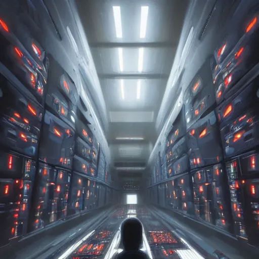 Image similar to professional painting of monumental conscious supercomputer with huge - cybernetic - face!!!! in endless server room, trending on artstation, cyberpunk, sci - fi, futuristic, by greg rutkowski and maciej kuciara, high quality