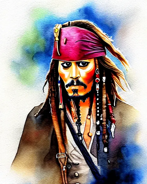 Image similar to portrait of captain jack sparrow, painterly style, matte illustration, watercolour