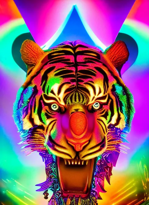 Image similar to photo of baroque and bladerunner delicate neon emerald sculpture of seductive king william levy tigers orange iridescent humanoid deity wearing metallic jungle leaves holding the sun prismatic dungeon, glowing rainbow face, crown of white diamonds, cinematic lighting, photorealistic, octane render 8 k depth of field 3 d