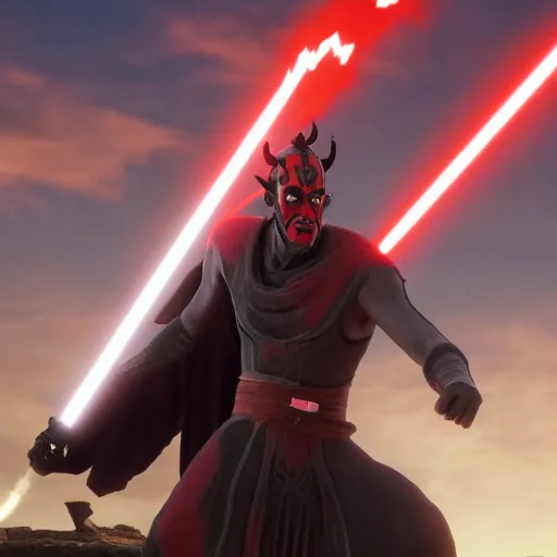 Prompt: Film still of Darth Maul, from The Legend of Zelda: Breath of the Wild (2017 video game)