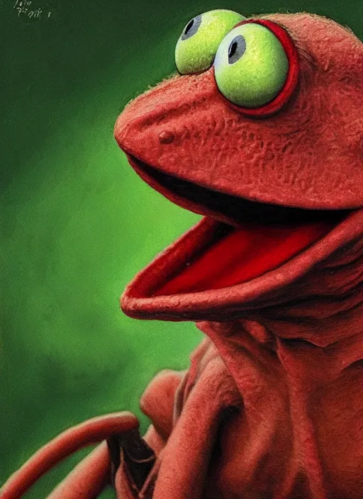 Prompt: portrait of Kermit the frog in Antichrist (2009), highly detailed, centered, solid color background, digital painting, artstation, concept art, smooth, sharp focus, illustration, artgerm, donato giancola, Joseph Christian Leyendecker, Les Edwards, Ed Repka, WLOP, Artgerm