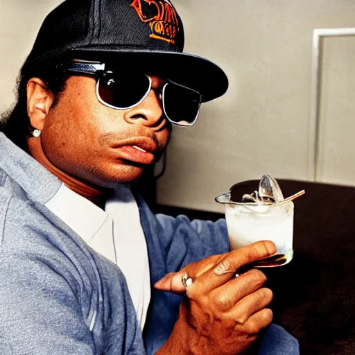 Image similar to eazy - e rolling down the street smoking indo, sipping on gin and juice, laid back, with his mind on his money and his money on his mind.