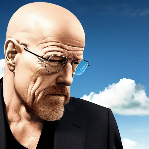 Prompt: heisenberg looking at the sky but the clouds are his blue meth