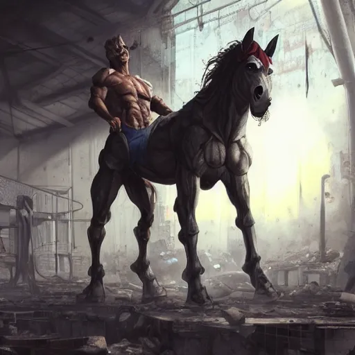 Prompt: a monstrously muscular anthropomorphized male horse wearing tight kevlar standing in the ruins of a facility, furry art, furaffinity, highly detailed, digital painting, artstation, concept art, magic the gathering, illustration by artgerm, greg rutkowski, wlop