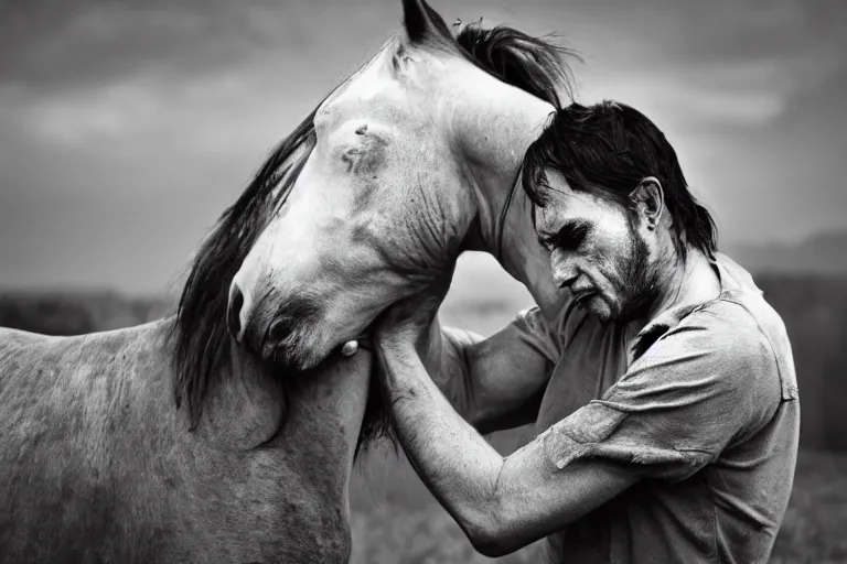 Prompt: a depressed photo of a dying guy crying while his horse is crying