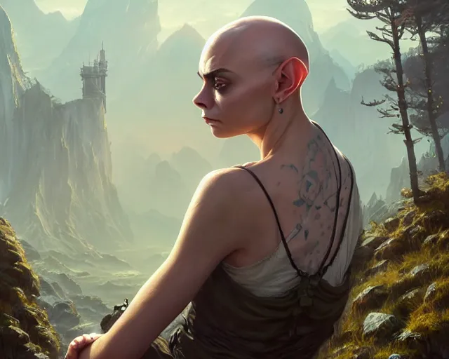 Prompt: highly detailed portrait of cara delevingne as a bald elf, in gta v, stephen bliss, unreal engine, fantasy art by greg rutkowski, loish, rhads, ferdinand knab, makoto shinkai and lois van baarle, ilya kuvshinov, rossdraws, tom bagshaw, global illumination, radiant light, detailed and intricate environment