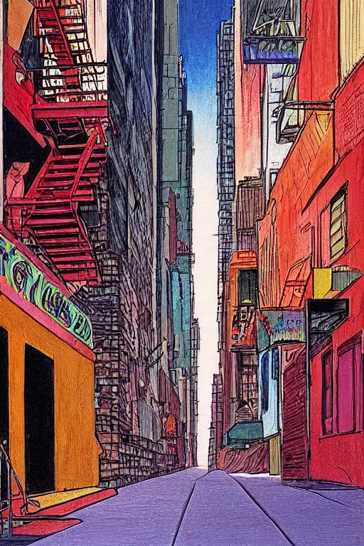 Prompt: a 2D drawing of an alley in New York in 1980s, colorful and beautiful by hiroshi yoshida