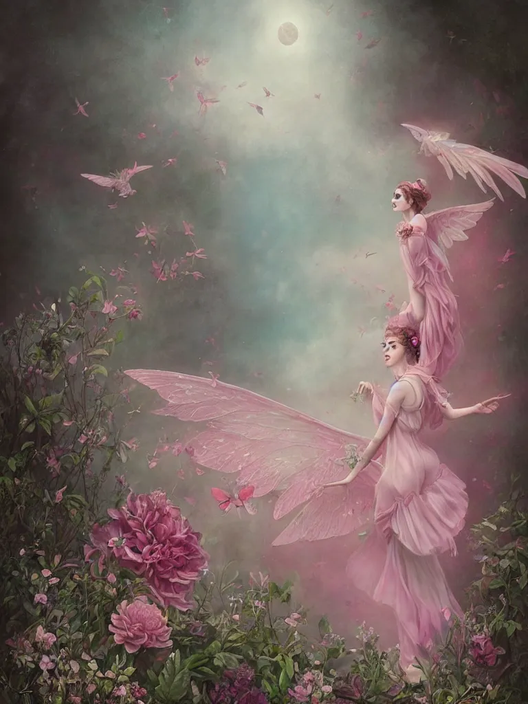 Image similar to one pink fairy with large wings exploring her lonely flower garden by herself in the style of tom bagshaw, extremely detailed, muted colors