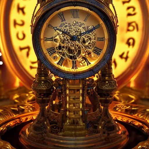 Image similar to Ultra-detailed cinematic render, of a fantasy steampunk time machine, intricate clock gears, octane render, high quality, ornate gems, 8k, by greg rutkowsky, volumetric lighting