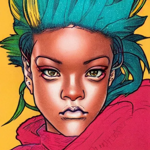 Prompt: a portrait of rihanna drawn by akira toriyama, 8 0 s, pastel color, manga