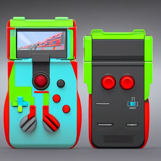 Prompt: futurist nintendo handheld console, 3 d concept, details, colored background