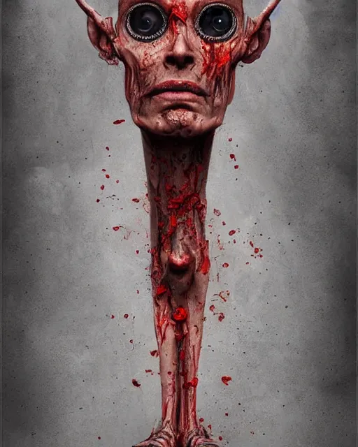 Image similar to Haunting horrifying hyperrealistic detailed painting of a tall slim flesh extraterrestrial creature made of concrete stone brick, covered in, heavy metal, disgusting, creepy, unsettling, and bloodshot eyeballs, hyper detailed, trending on Artstation