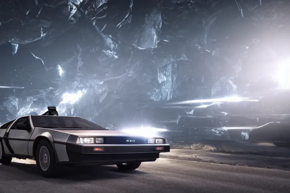 Image similar to ultra realistic delorean dmc 5 drifting on a ancient space highway, dark cinematic, volumetric, realistic, 3 d render, realistic render, cinematic lighting, volumetric lighting, atmospheric, cinematic, unreal engine 5, unreal engine render, octane render, hd, photorealism, hyper realistic, photo, 8 k