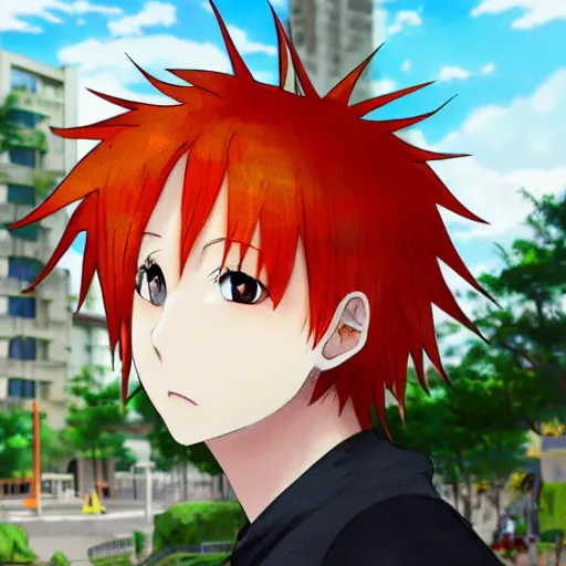 Prompt: orange - haired anime boy, 1 7 - year - old anime boy with wild spiky hair, wearing red jacket, standing under treehouse in city plaza, urban plaza, treehouse hotel, large tree, ultra - realistic, sharp details, subsurface scattering, blue sunshine, intricate details, hd anime, 2 0 1 9 anime