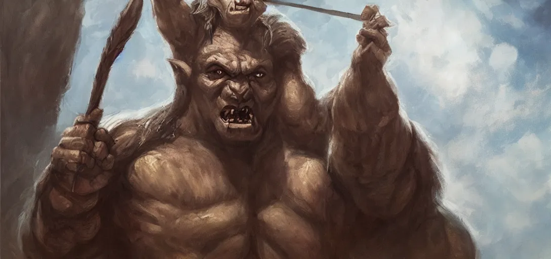 Prompt: A big male babarian orc with a tiny wand in his slightly raise hand, cinematic, dramatic light, oil on canvas, concept art, artatation