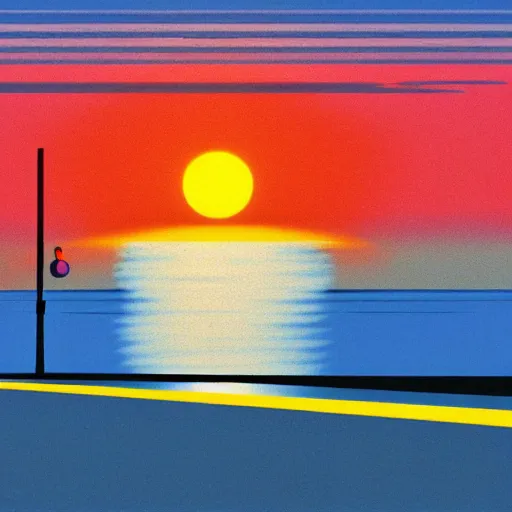Image similar to A road by the sea, as the sun sets on the horizon, in the style of hiroshi nagai